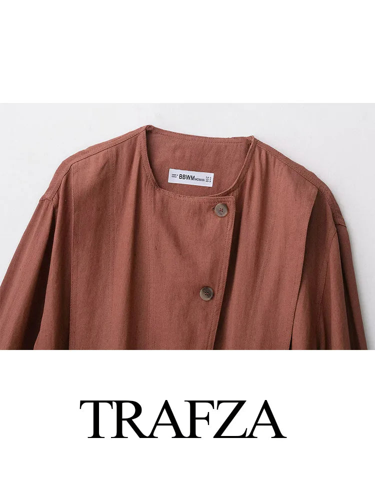 TRAFZA Female New Fashion Casual Jackets Solid O-Neck Long Sleeves Single-Breasted Women's Autumn Streetwear Style Coats