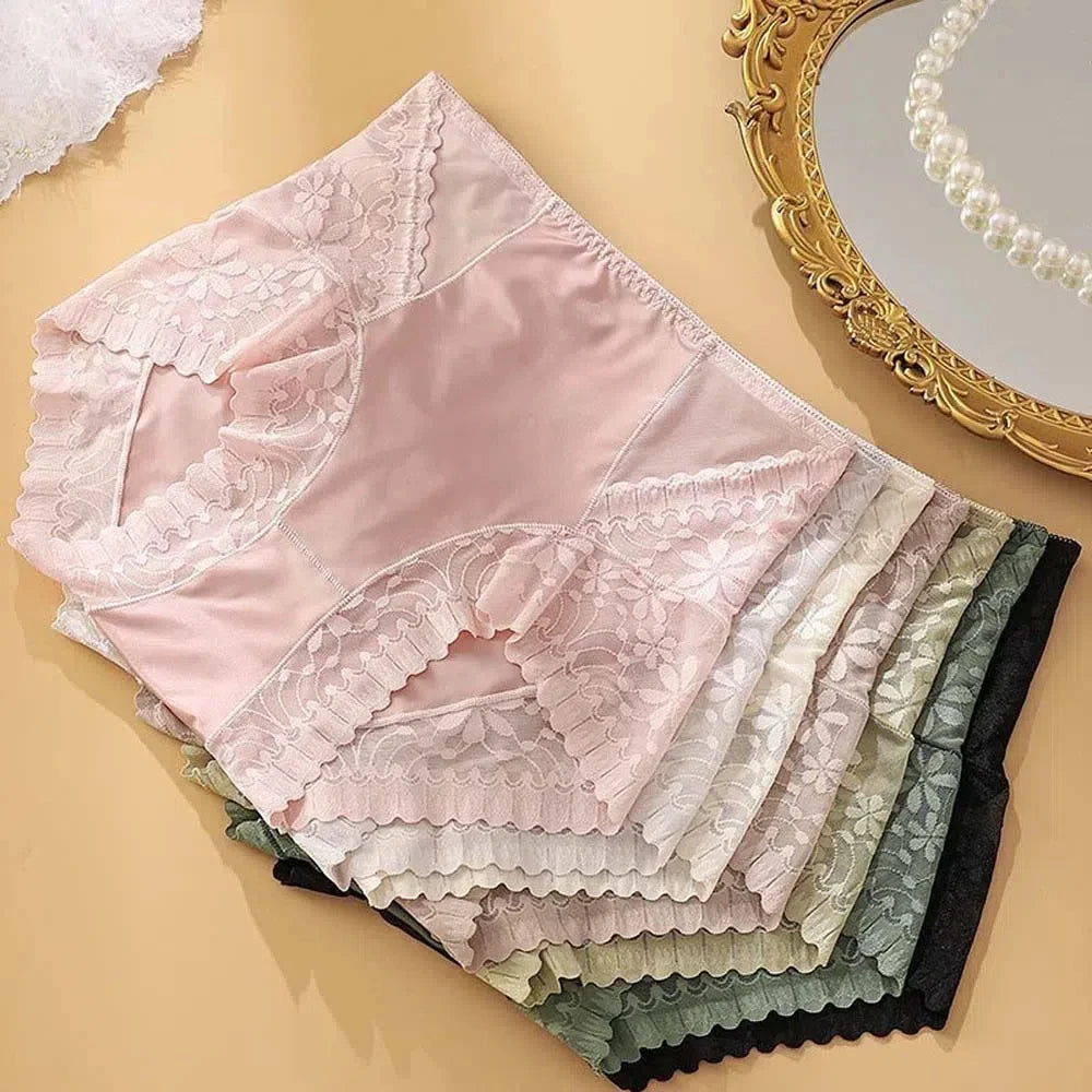 Satin Women Silk Panties High Waist Lingeries Plus Size Briefs Tummy Control Underwear Traceless Ice Silk Lace Underpants Lady