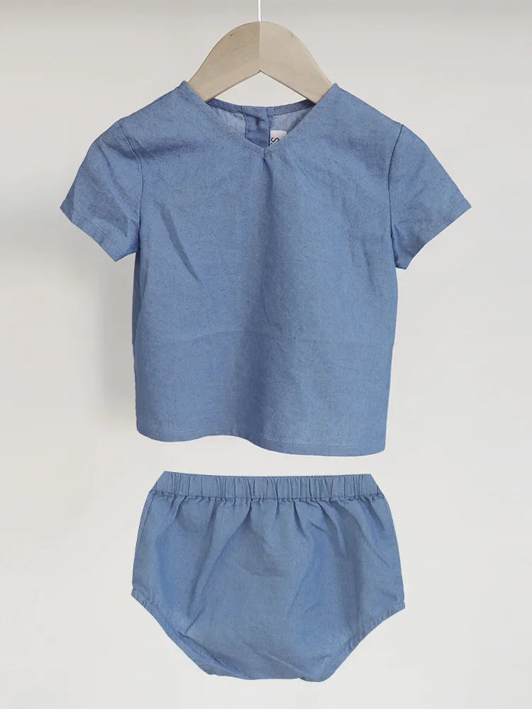 Malis 2024 Weekday Kids Denim Clothes Girls V Neck Long Dress Baby Denim Sets Boys Short Sleeve Shirt Outfits