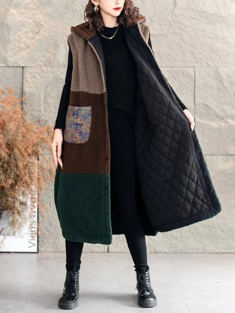 Amax luluE Korean Winter Womens Luxury Fur Padded Long Vest Loose Warm Hooded Sleeveless Coats Classic Casual Thicken Waistcoats