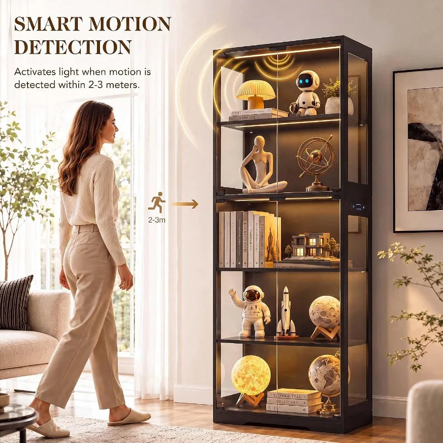 65 Display Cabinet for Living Room, Tempered Glass Doors LED Lights, Black Finish, Space-Saving Design