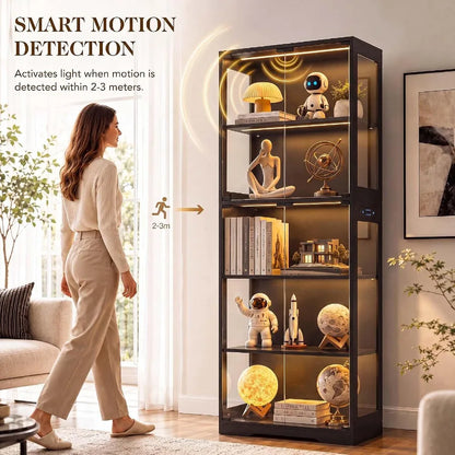65 Display Cabinet for Living Room, Tempered Glass Doors LED Lights, Black Finish, Space-Saving Design