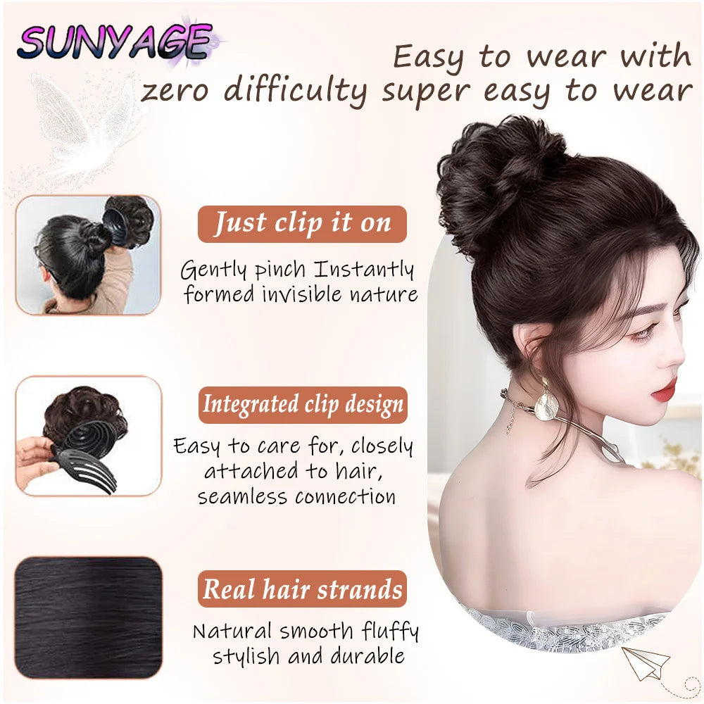 SUNYAGE Headdress Human hair Curled hair bun Head Claw Clip Fluffy Beauty Extension High Temperature Bride Hair Shapers
