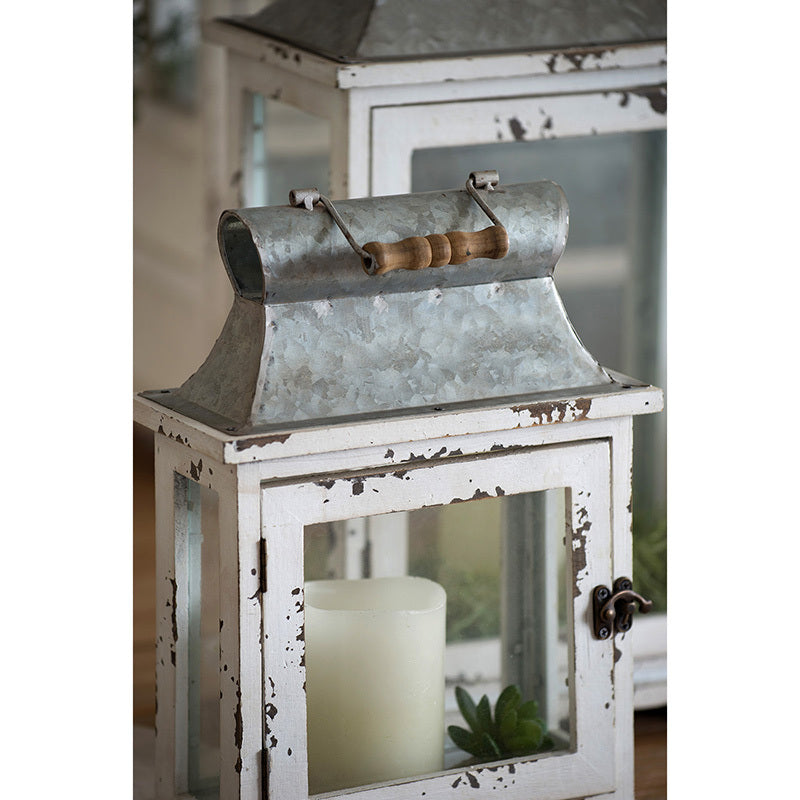 Set of 2 White Wood & Metal Hurricane Candle Lanterns