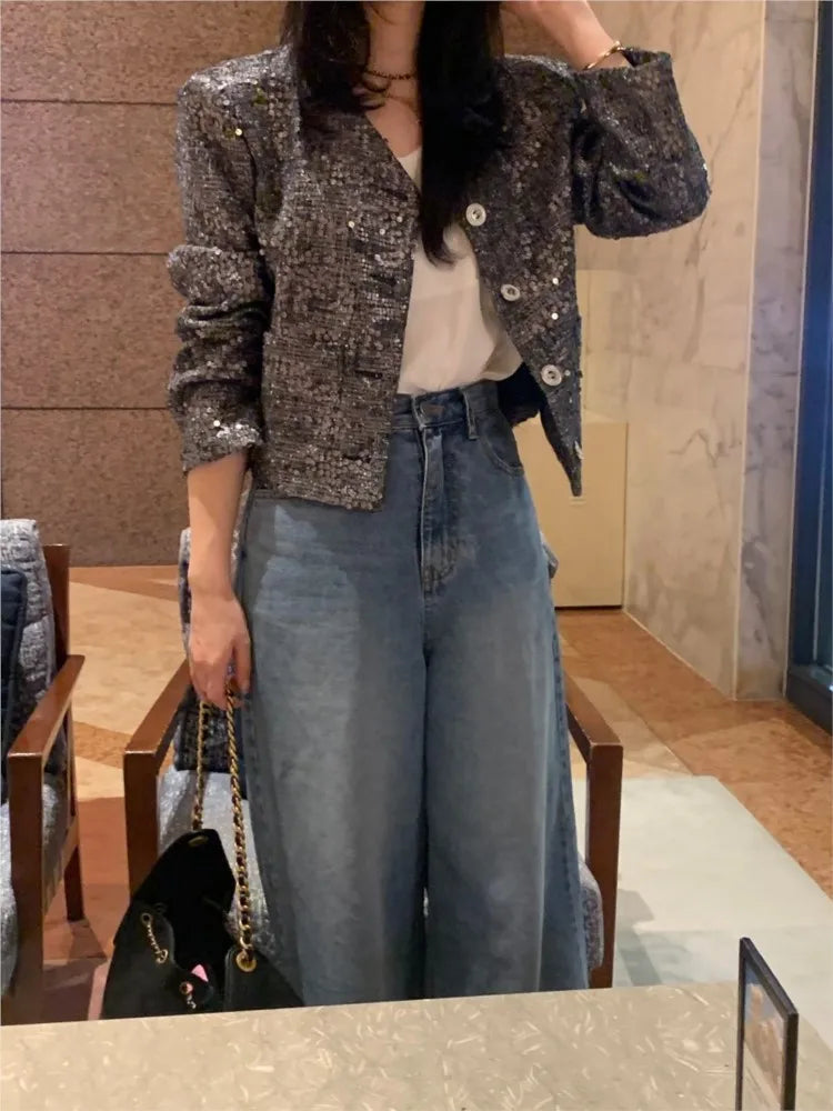Autumn Sequin Jacket Coat Women Fashion Long Sleeve Ladies Jackets Coats Casual Cropped Jacket Woman Coat 2025