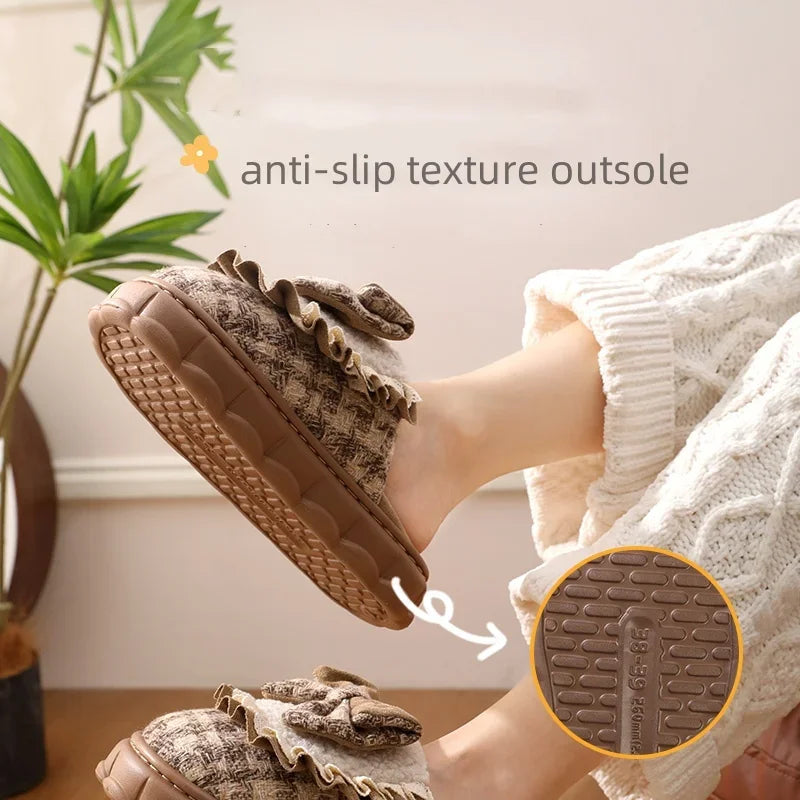 Women Winter Fashion Butterfly-Knot House Slippers Ladies Warm Flat Casual Shoes Female Soft Outdoor Versatile Bow Footwear