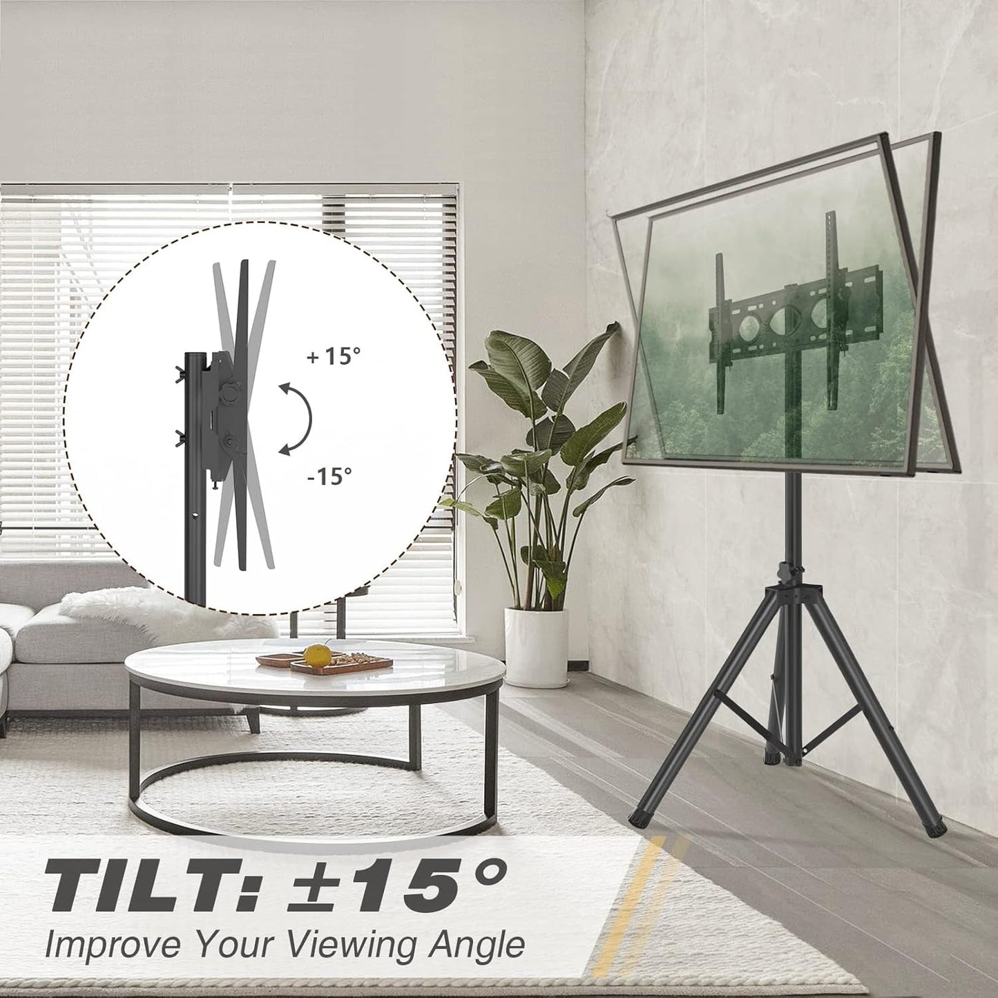 Tripod TV Stand For 23-75 Inch TVs Tilt 15 Degrees