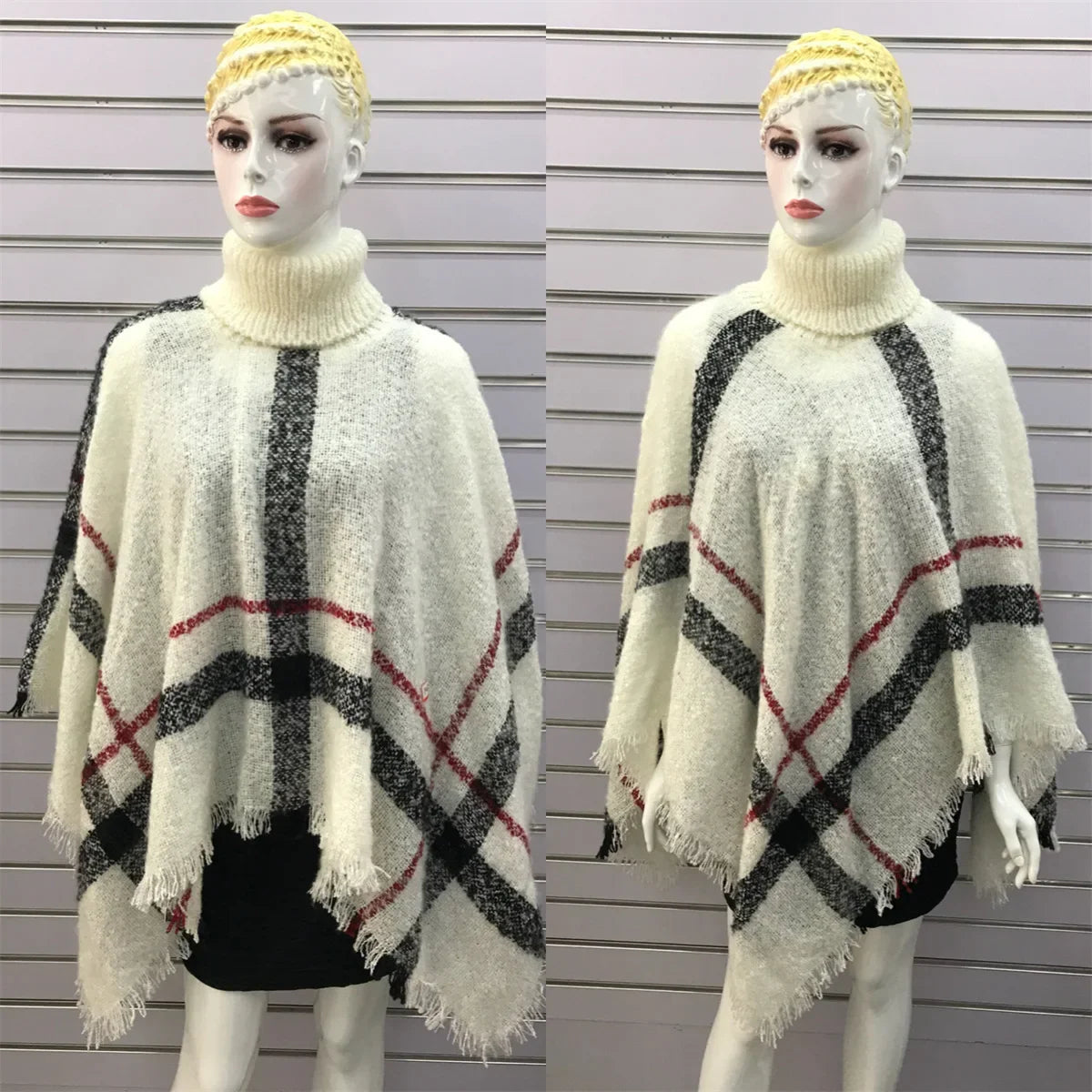 New Women Autumn Winter Striped Knitted Poncho Shawl Sweater Overcoat Streetwear Thick Warm High Neck Loose Knitwear Long Coat