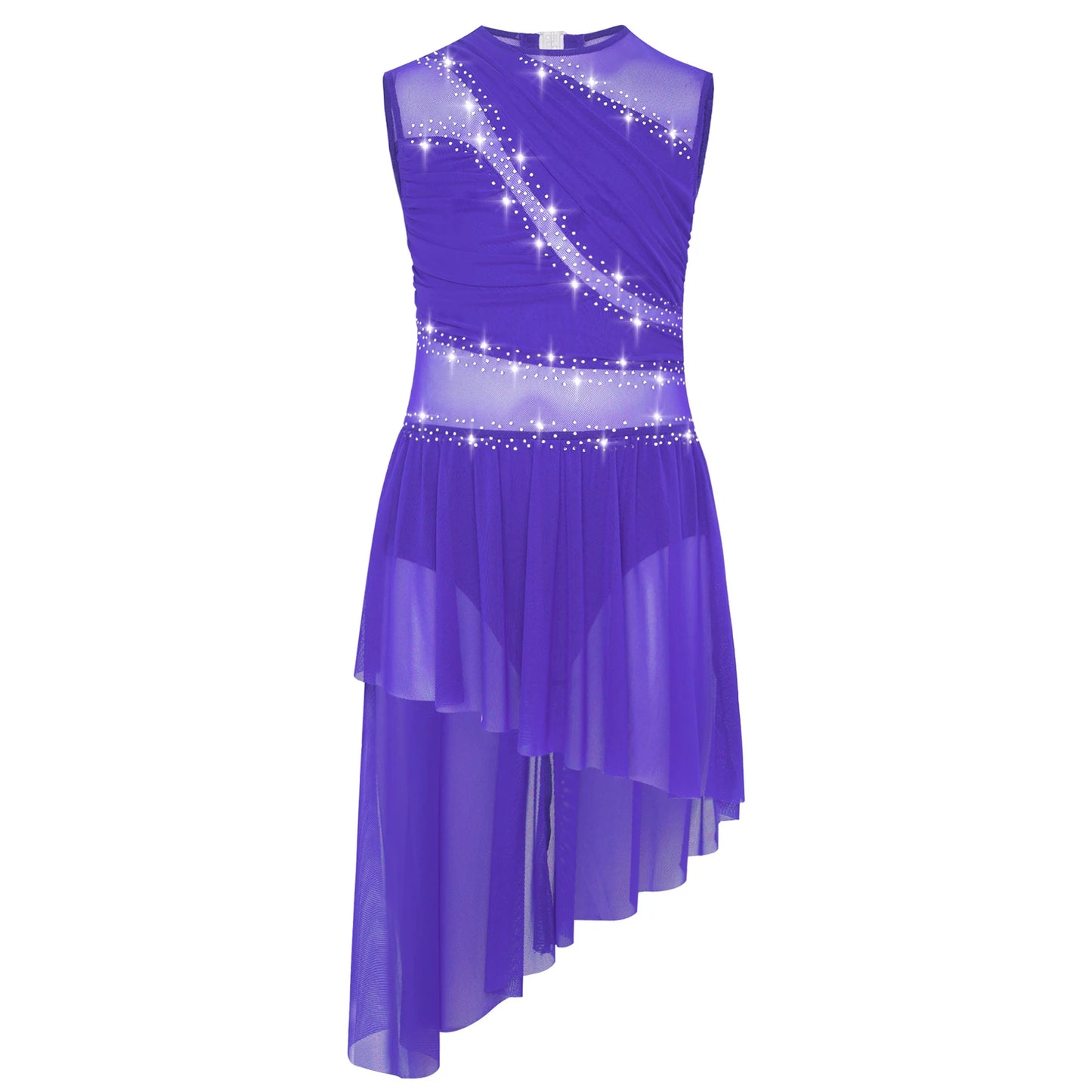 Kids Girls Ballet Dance Dress Figure Ice Skating Dancewear Open Back Asymmetrical Hem Rhinestone Sheer Gymnastics Leotard Dress