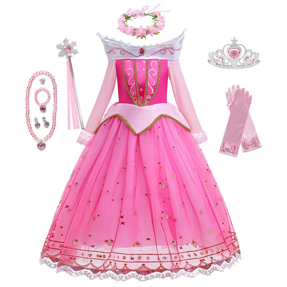 Sleeping Beauty Costume for Girls Aurora Dress Long Sleeves Off Shoulder Kids Halloween Christmas Fancy Party Princess Clothing