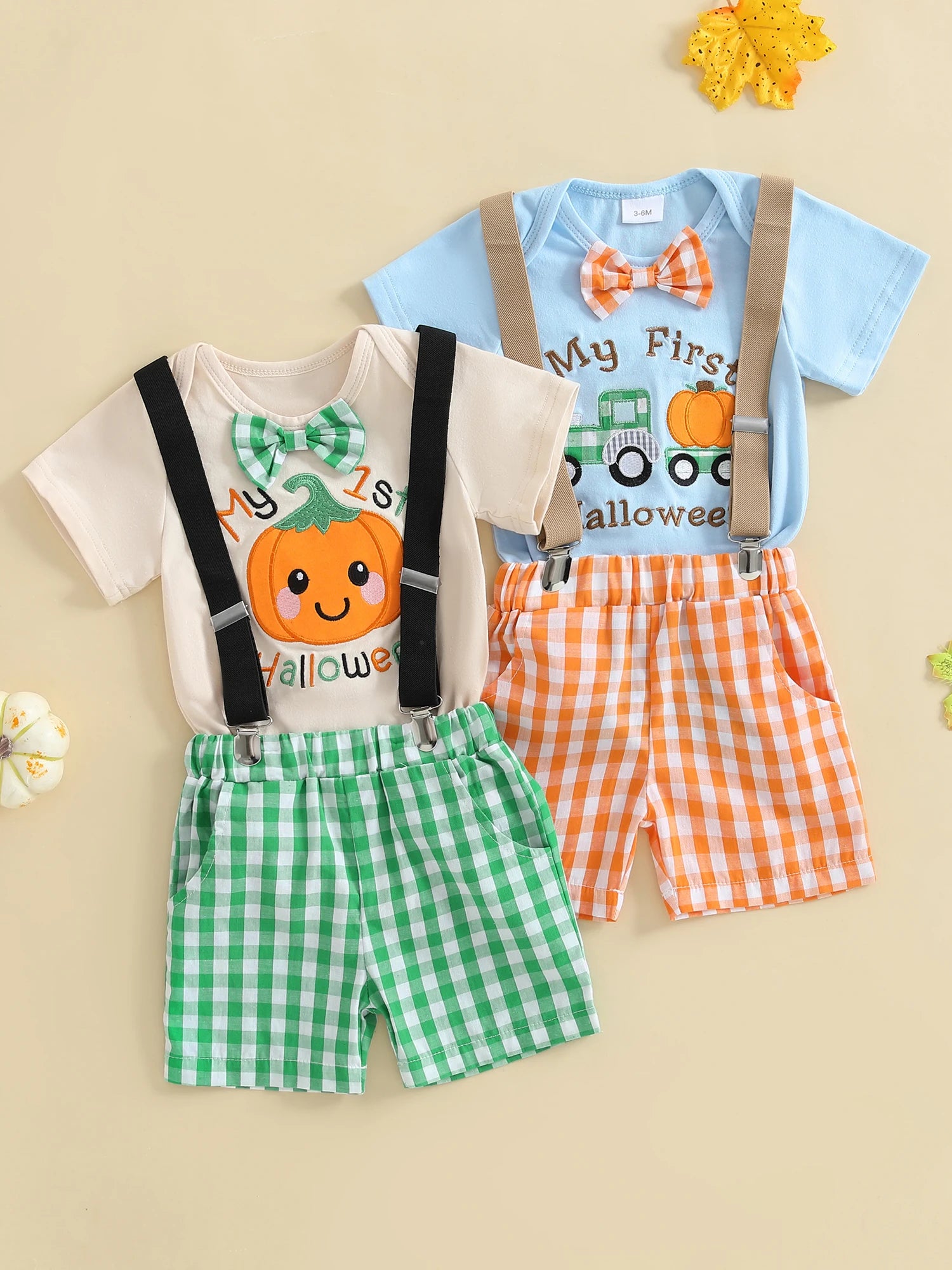 Cute Toddler Halloween Costume Pumpkin Patchwork Long Sleeve Romper with Checkered Suspenders Pants 2 Piece Set for Boys