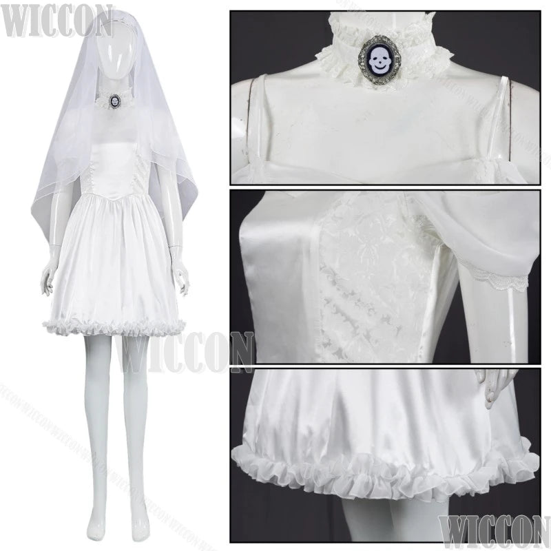Corpse Bride Anime Emily Cosplay Fancy Outfit Gothic Clothes White Wedding Dress Veil Blue Wig Withered Garlands Prop Halloween