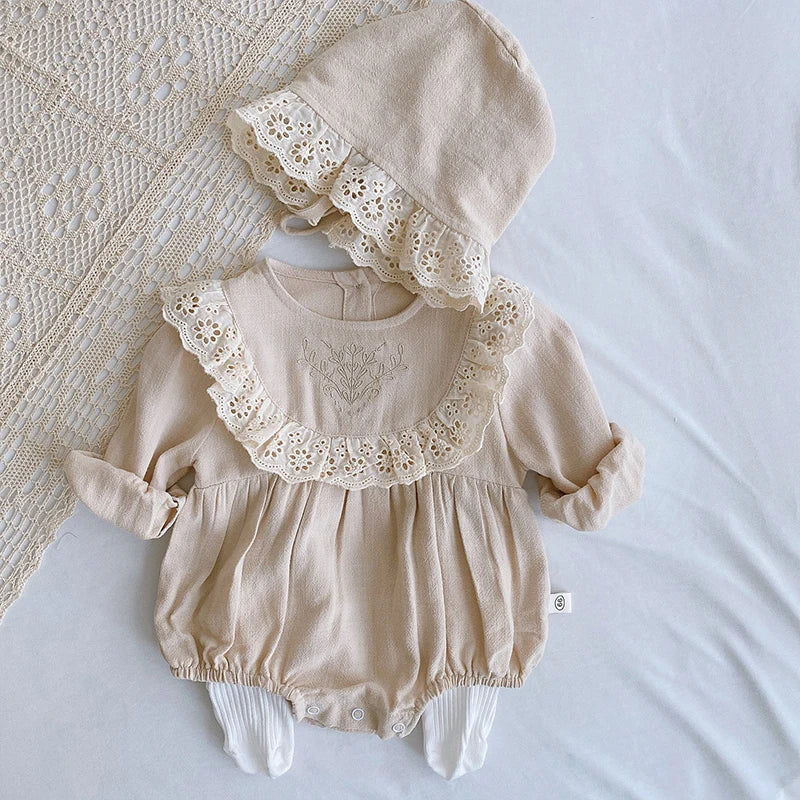 Autumn Spring Baby Girls Clothes Infant Baby Girl Bodysuits+Hat Cotton Flower Embroidery Long Sleeve Newborn Baby Girl Jumpsuit