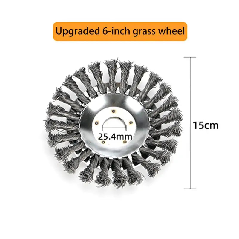 Improved 6 inch Universal Lawn Mower Head, Steel Wire Weed Brush, Garden Cutter Tool with Disc Brush