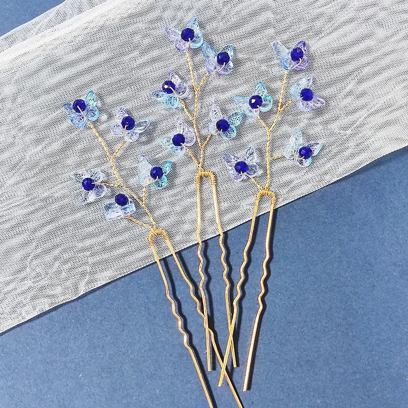 3PCS Women Blue Color Flower Hairpin Stick Wedding Bridal Crystal Pearl Hairpin U Shaped Hair Clip Barrettes Hair Accessories