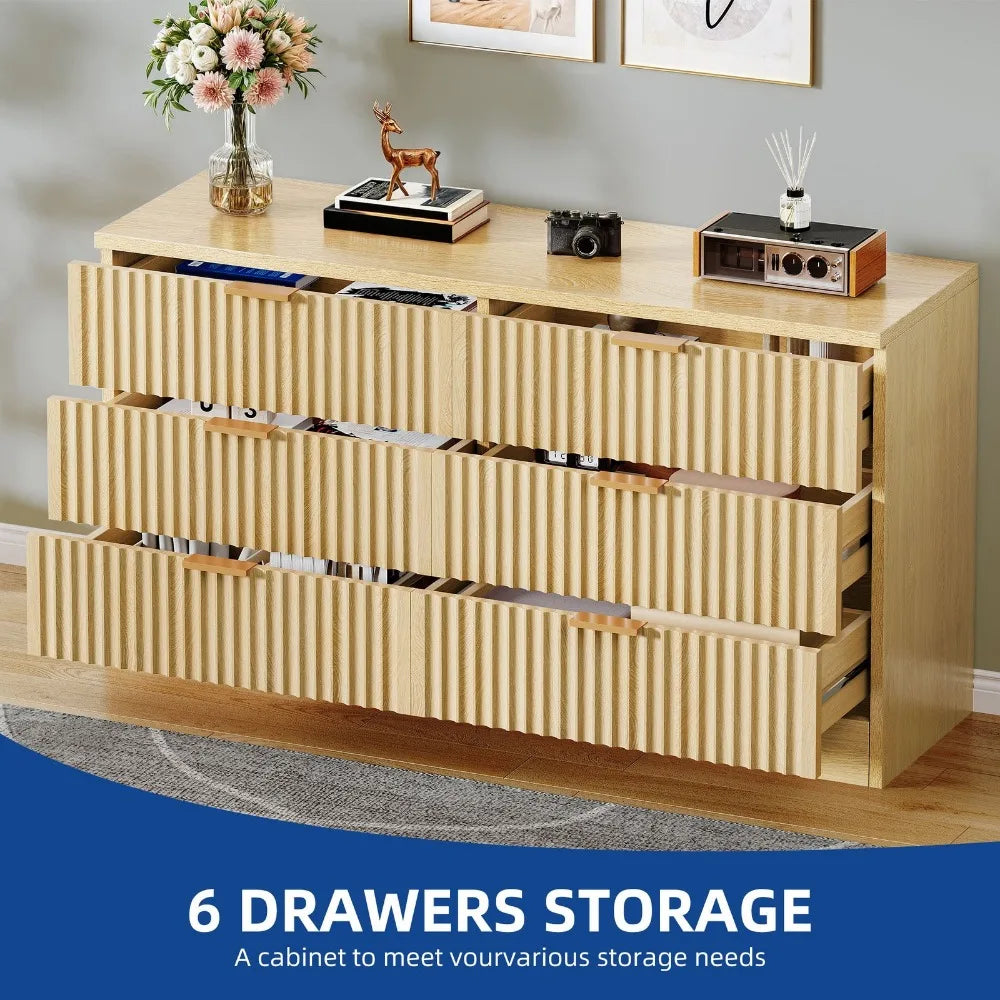 Oak 6 Drawer Dressers with Fluted Pane TV Stand Drawer Cabinet for Living Room