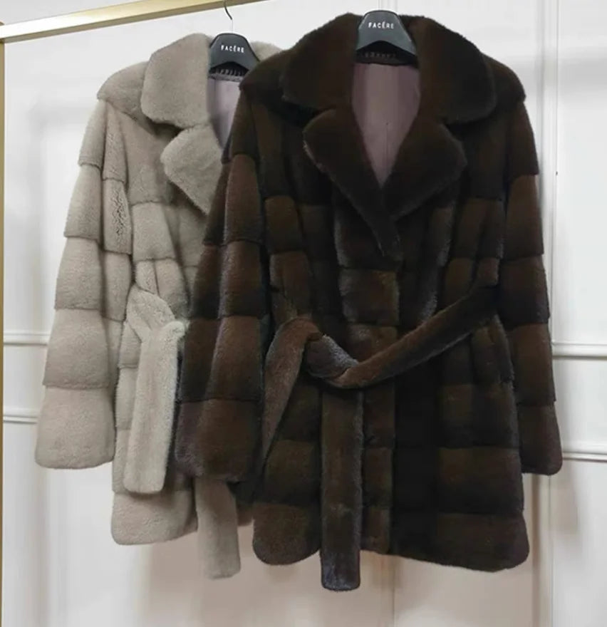 Real Mink Fur Coat for Women, Flip Tie Belt Coat, Warm and Fashionable, Winter