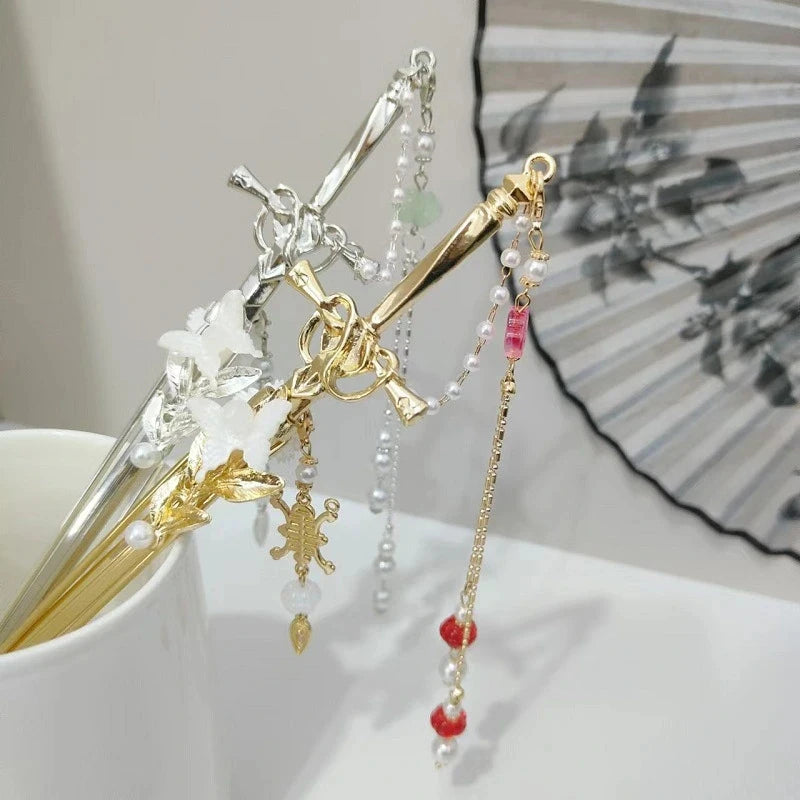 2025 New Chinese Style Sword Hair Sticks for Women Tassel Beads Chignon Pin Pearl Metal Leaves Hairpin Headdress Hair Accessorie