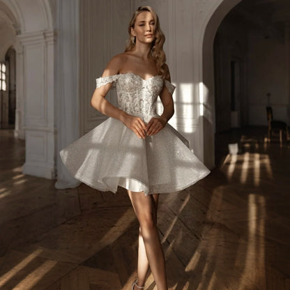 Gorgeous Off Shoulder Sweetheart Short Wedding Dress Flower Lace Sparkling Gaul Mini A-line Wedding Dress Customization