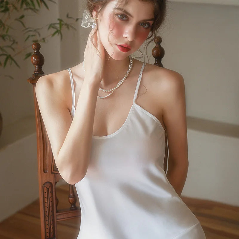 Sexy Sleepwear Women Solid Silk O-Neck Nightgown Soft Satin Lingerie Night Dress Sleeveless Sleepwear Female Clothes
