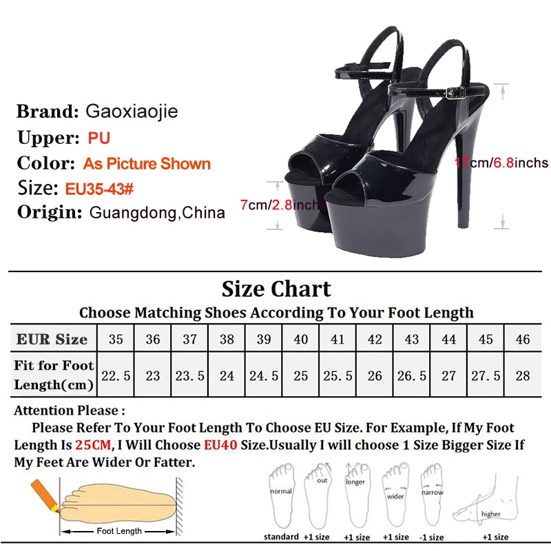 17CM Super High Heel Black Buckle Strap Fetish Sandals Women Plus Size Summer Party Dress Platform Shoes Woman Pole Dance Heels