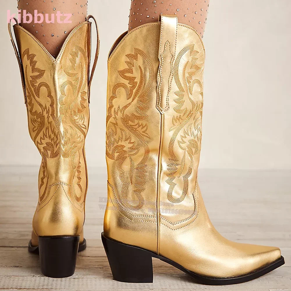Cowboy Knee-High Boots Pointed Toe Strange Style Leather Solid Slip-On Fashion Luxury Concise Novelty Sexy Super High Shoes New