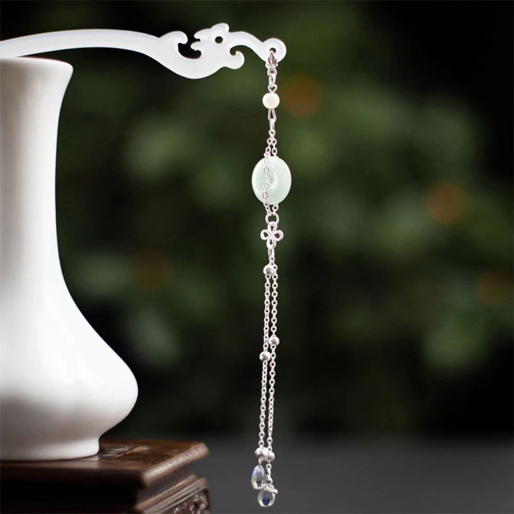 White/Green Acetic Acid Hair Sticks Forks Elegant Headwear Retro Chinese Style Hair Pin Chain Pendant Hair Jewelry for Women