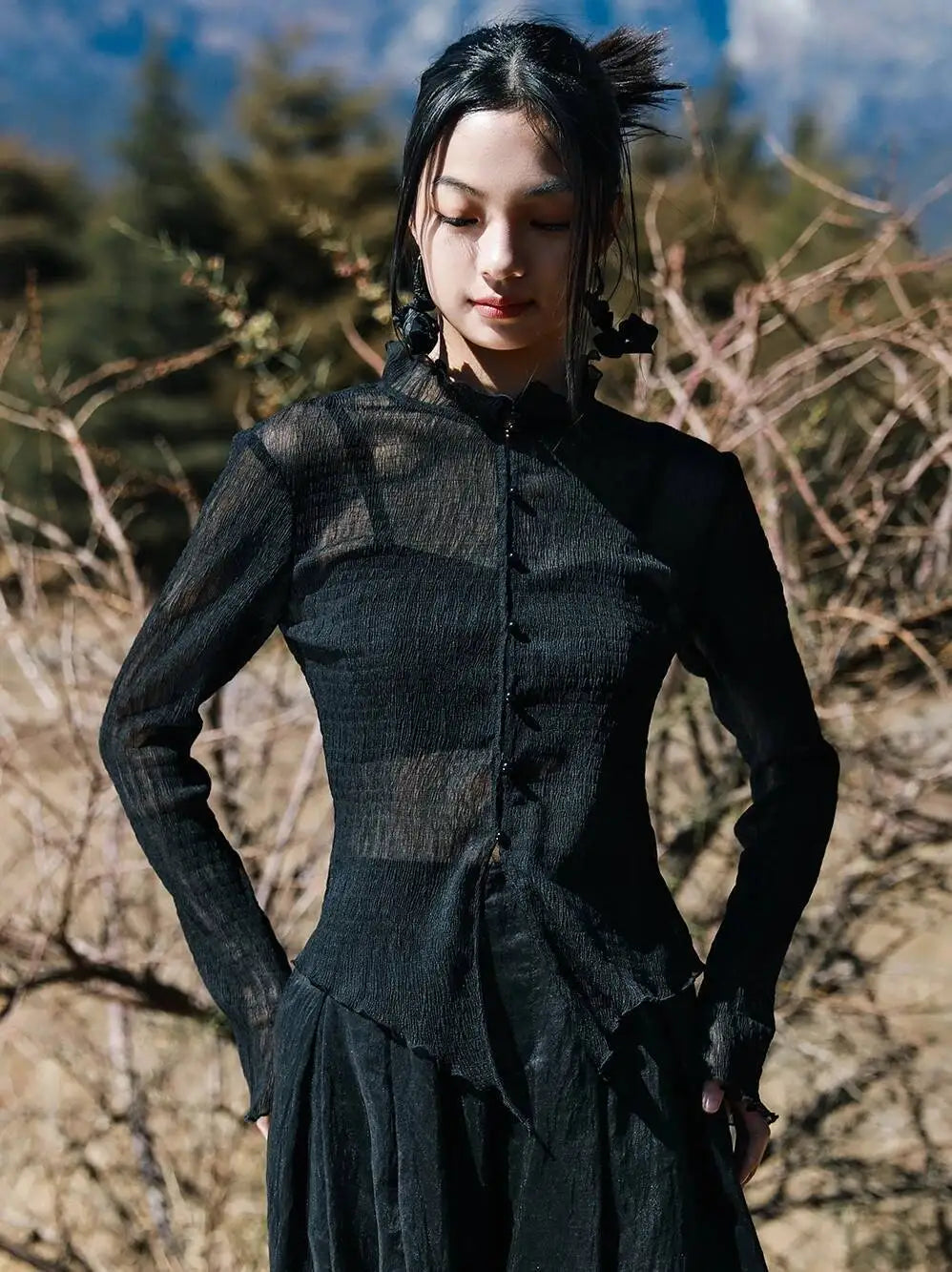 UMI MAO Retro Top Texture Chiffon Perspective Long Sleeve Shirt Women Summer Irregular Sunscreen Shirt Thin Cardigan Top Coat