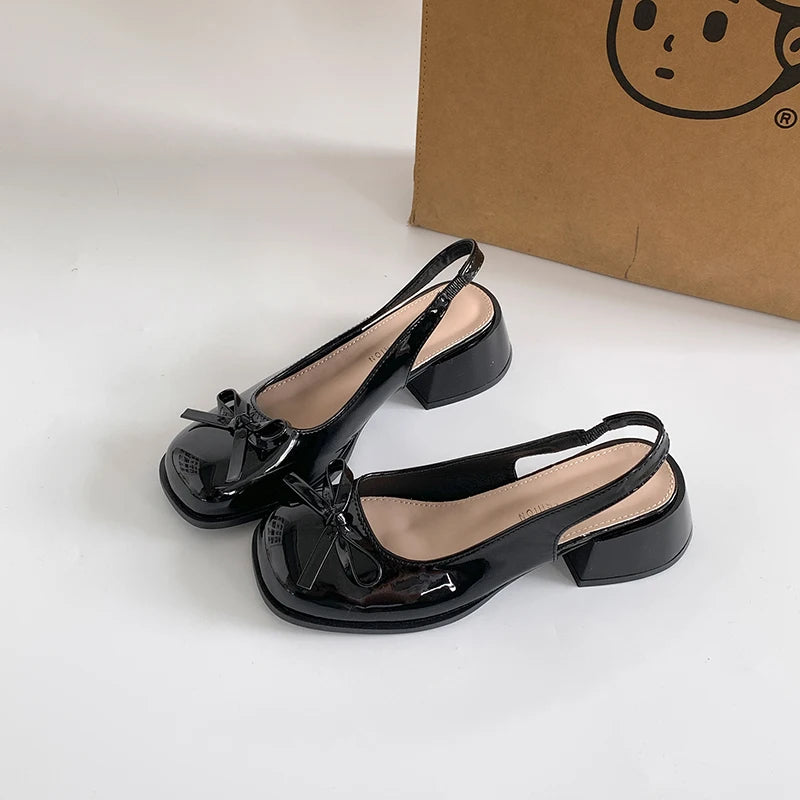 2025 New Summer Thick Heel Women Sandals Elegant Butterfly-knot Ladies Slip On Singbacks Dress Shoes