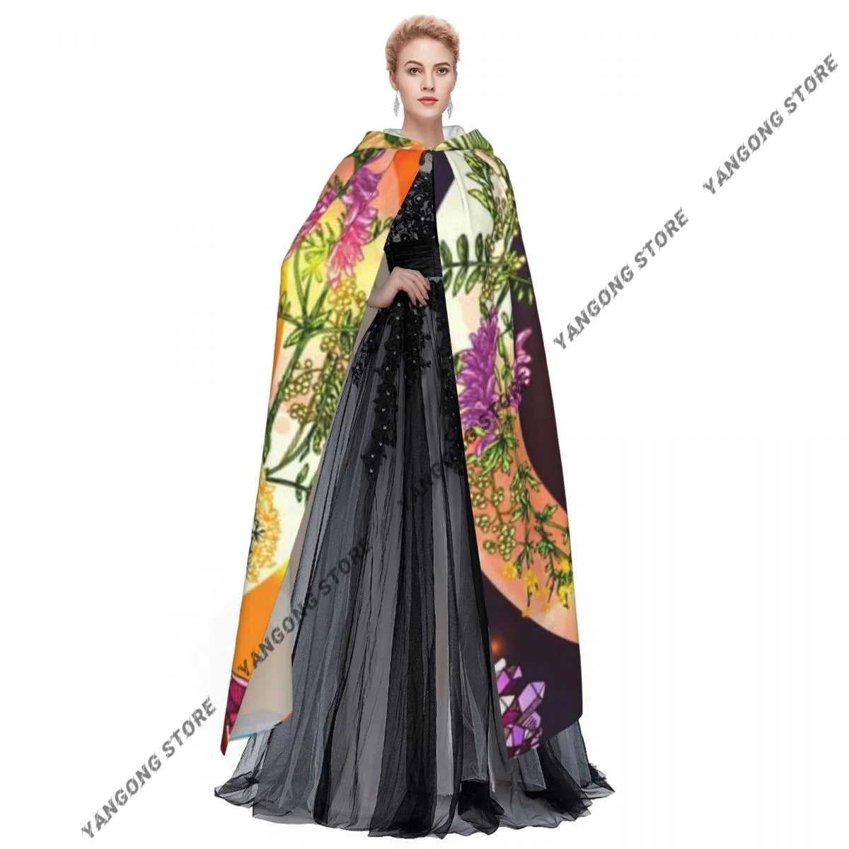 Boho Style Skull And Flowers Hooded Cloak Coat Halloween Cosplay Costume Vampire Devil Wizard Cape Gown Party