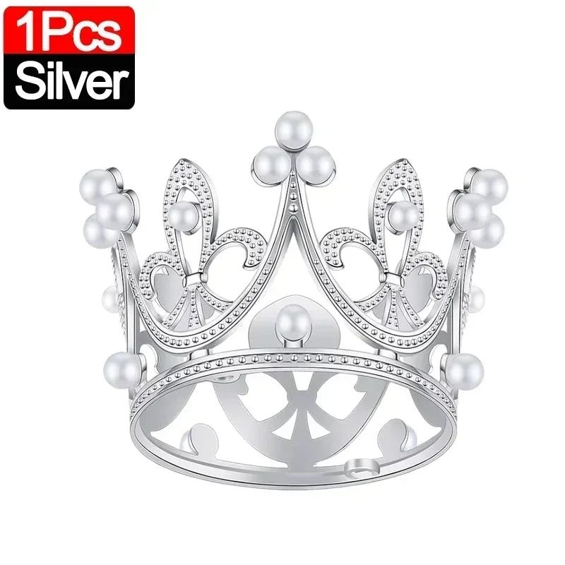 20/1Pcs Mini Crown Cake Decoration Pearl Tiara Gold Silver Crowns Cake Topper for Children Hair Ornaments Wedding Birthday Party