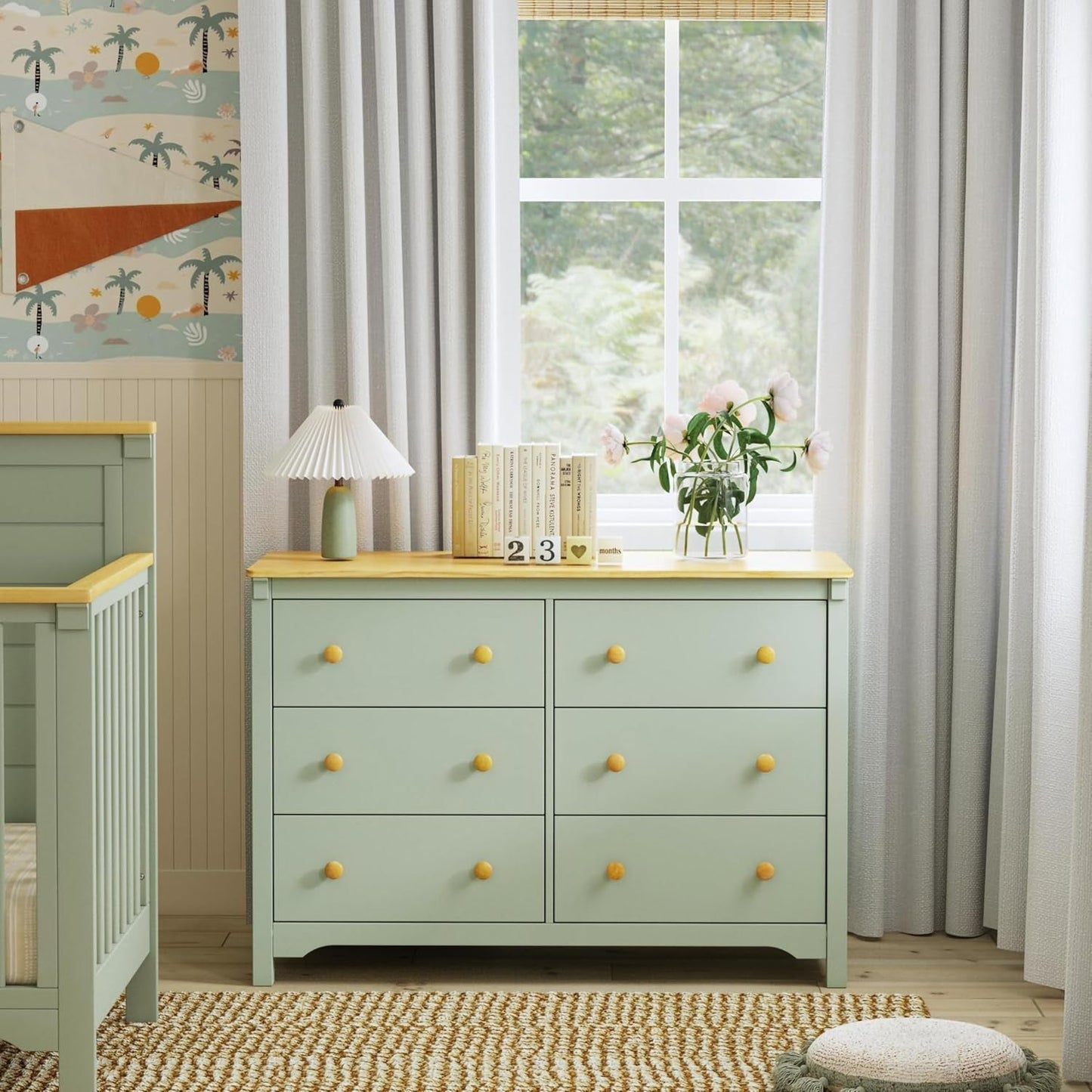 Shea Six Drawer Dresser Light Sage And Honey For Nursery
