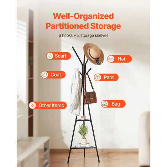 Coat Rack Freestanding Coats Rack Stand with 2 Shelves 6 Hooks