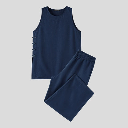 INCERUN Men's Sets Solid Vintage Streetwear Loose Sleeveless Tank Tops Pants Two Piece Sets 2026 Summer Casual Men Matching Sets