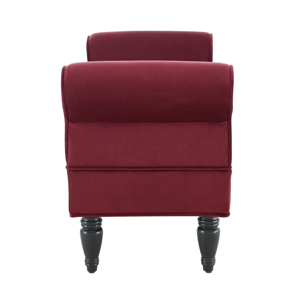 Stylish Upholstered Bench Living Room Bedroom Entryway Cushioned Seating Dark Mahogany Legs Rolled Sides Indoor Use Assembly