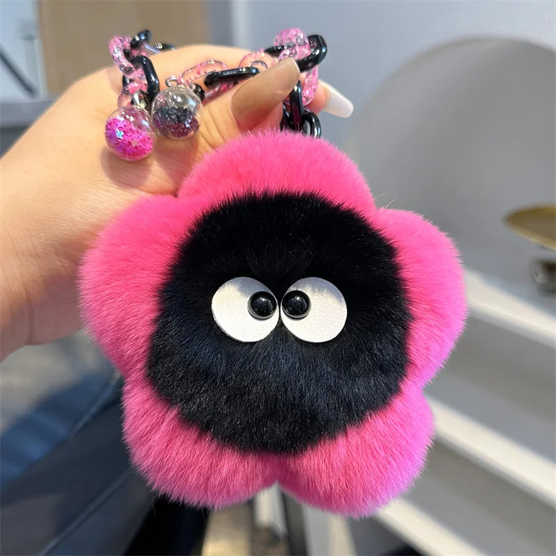 Rex Rabbit Fur Keychain Cute Plush Flower Keychain Car Bag Charms Keyring Pendant Accessories Keychain On The Phone Car Key Ring