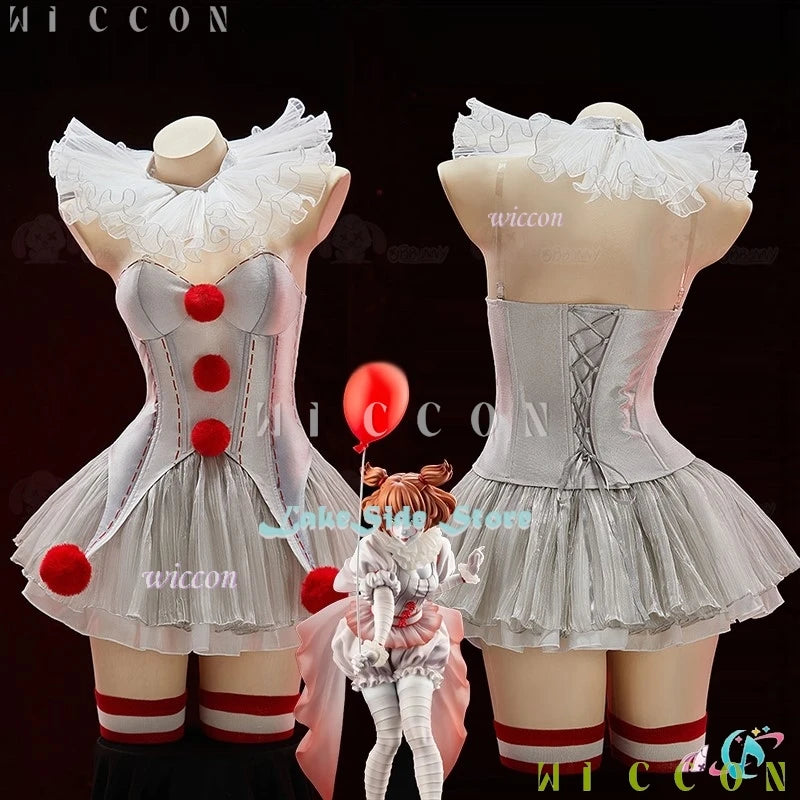 Halloween Movie Clown Pennywise Dress Cosplay Costume Wig Genderswap Horror Scary Sexy Dress Up Women Carnival Party Outfit