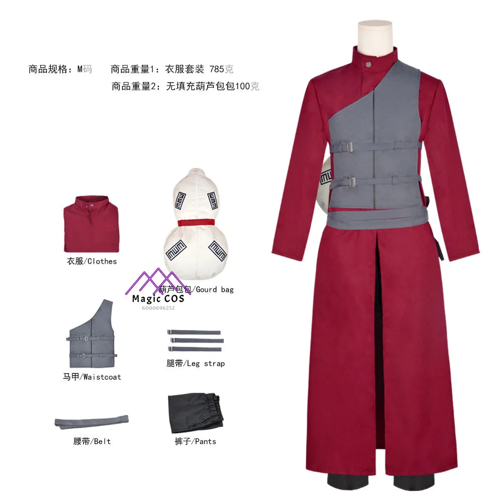 Anime Gaara Hyuga Cosplay Costume Role Playing Clothes with Bag Full Set Red Outfit for Men Adult Comic Con Halloween Party Suit