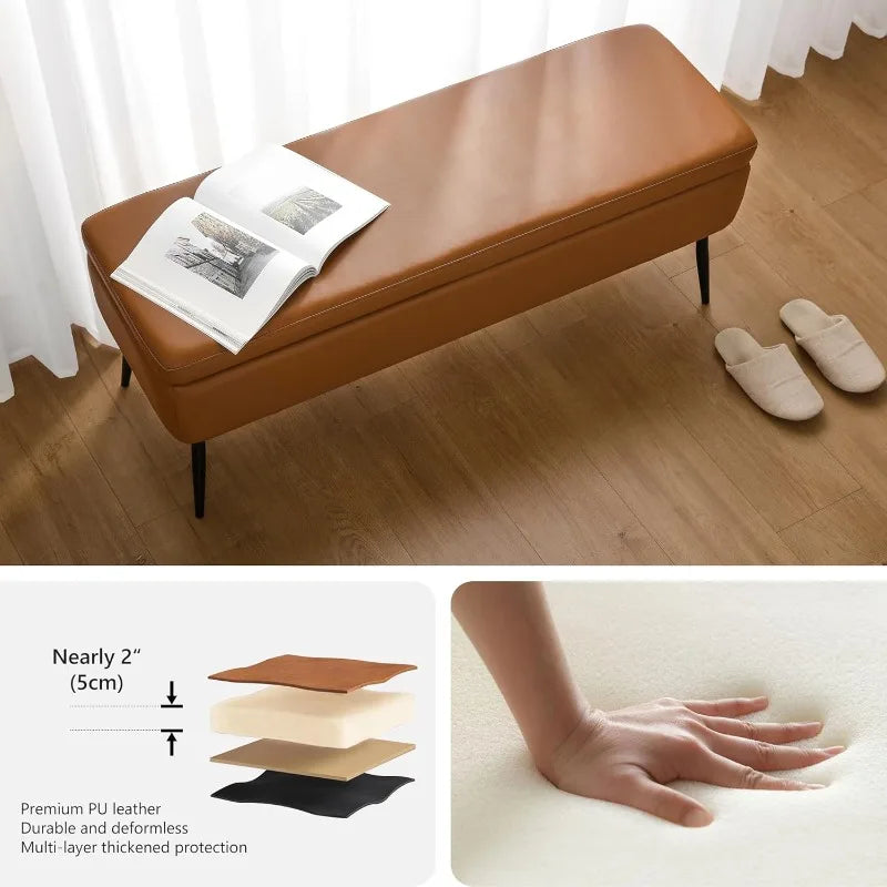 Leather Storage Ottoman Bench,End of Bed Bench Living Room Bedroom Dinning Room Entryway,Loads 660 lb (Without Button, Brown)