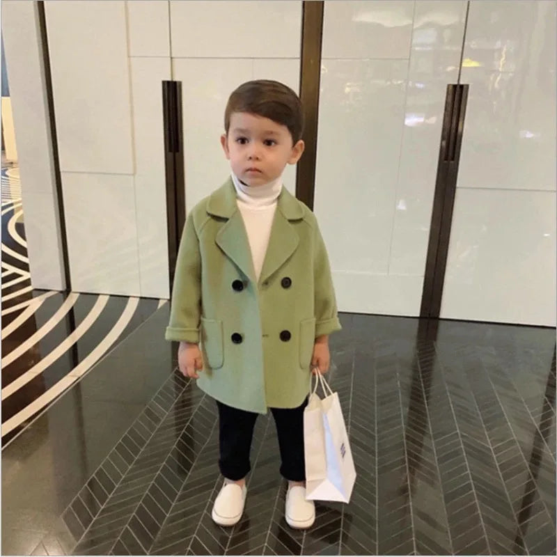 Baby Boy Girls Woolen Jacket Long Double Breasted Warm Infant Toddle Lapel Tweed Coat Spring Autumn Winter Baby Outwear Clothes
