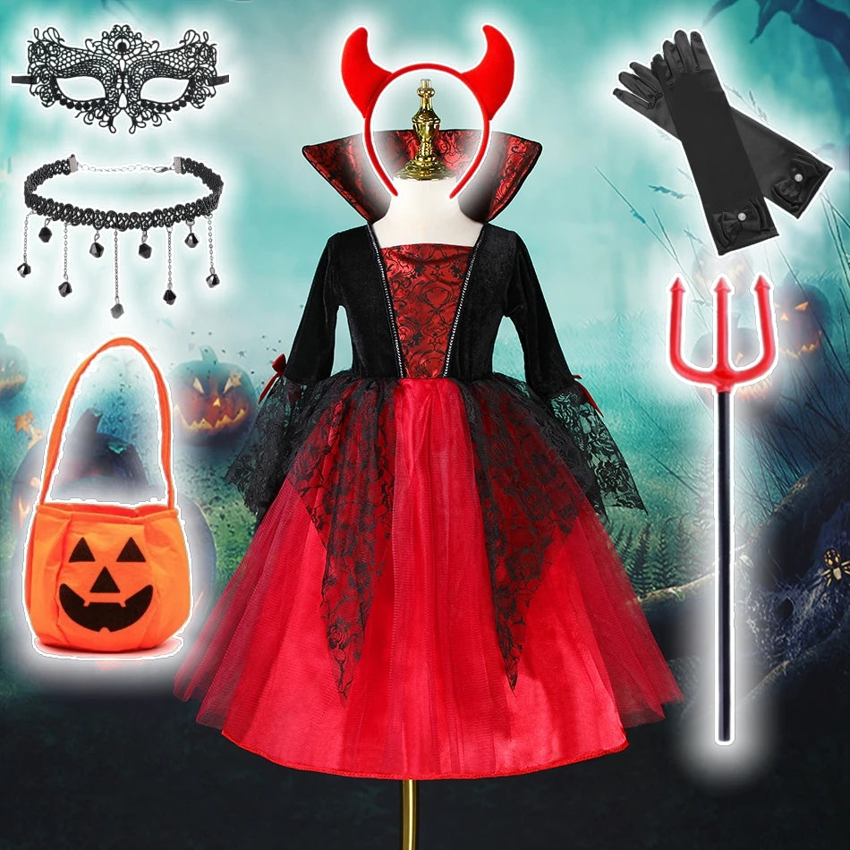 Baby Girls Halloween Witch Costume Children Cosplay Vampire Princess Dresses Kids Dress Up Clothes With Hat Carnival Party Gift