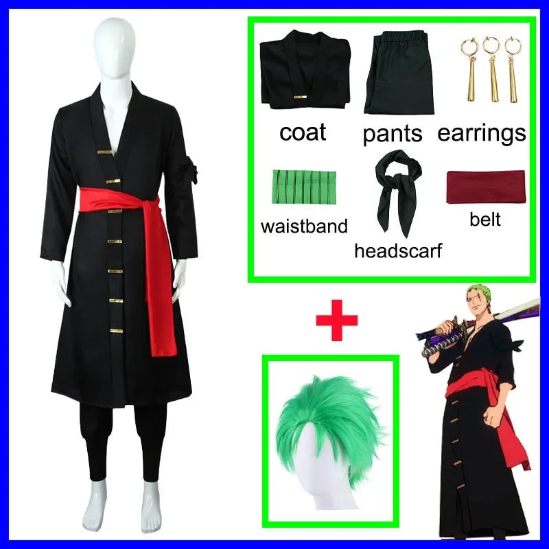 2025 ❤ New Anime Piece Pirate Cosplay Costume Roronoa Zoro Kostum Two Year Later Wig Earrings Black Green Coat Belt Pants ★★