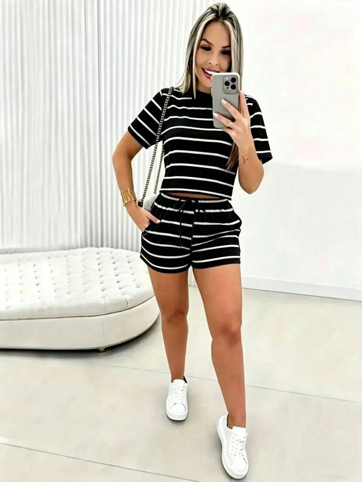 2026 Women's Short-Sleeve Set Brazilian Print T-Shirt Set Crew Neck Retro Streetwear Trendy Clothing Crop Top Sports Set