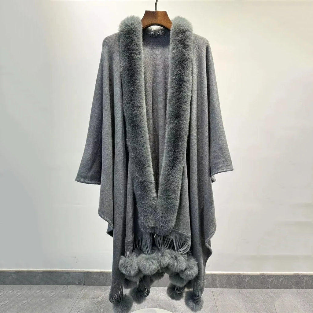 Winter Faux Rabbit Fur Ball Cloak Warm Thick Poncho Shawl Coat Women Big Pendulum Outer Wear Cardigan Long Pompon Cape