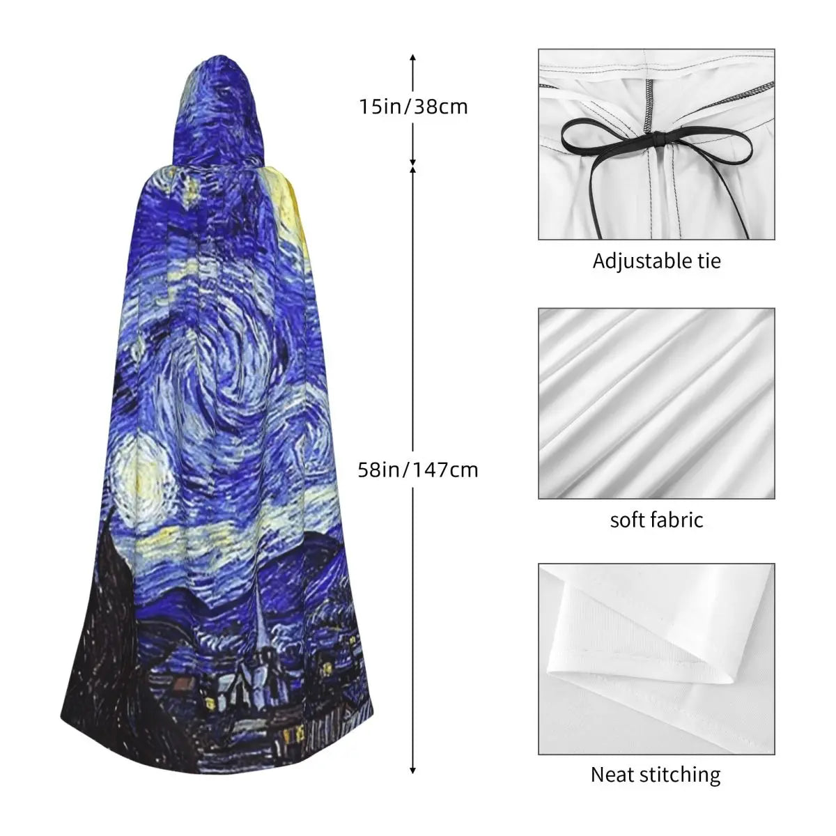 A Starry Night Van Gogh Mountain Inspiration Long Hooded Cloak Witch Medieval Costume Cosplay Cape HalloweenParty Adult Unisex