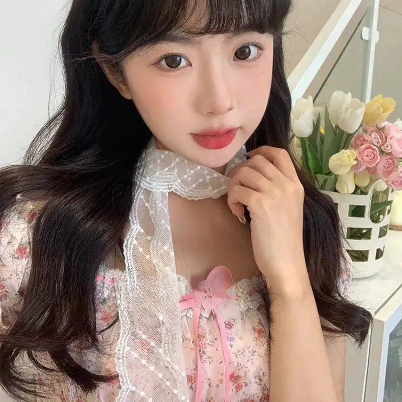 Y2k Women Narrow Long Scarf Elegent Lace Bow Necklace For Women Choker Long Ribbon Scarf Shawl Embroidery Headband Hair Scarf