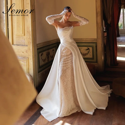 Semor Mermaid Sexy Wedding Dresses Luxury Lace Beading Strapless Detachable Sleeve Vestido De Novia Satin Customized Bridal Gown