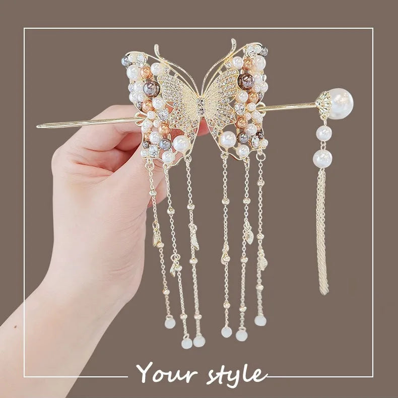 Luxurious Elegant Colored Pearl Butterfly Tassel Alloy Hair Clip Women's Bundle Hair Clip Party Fashionable Hair Accessory