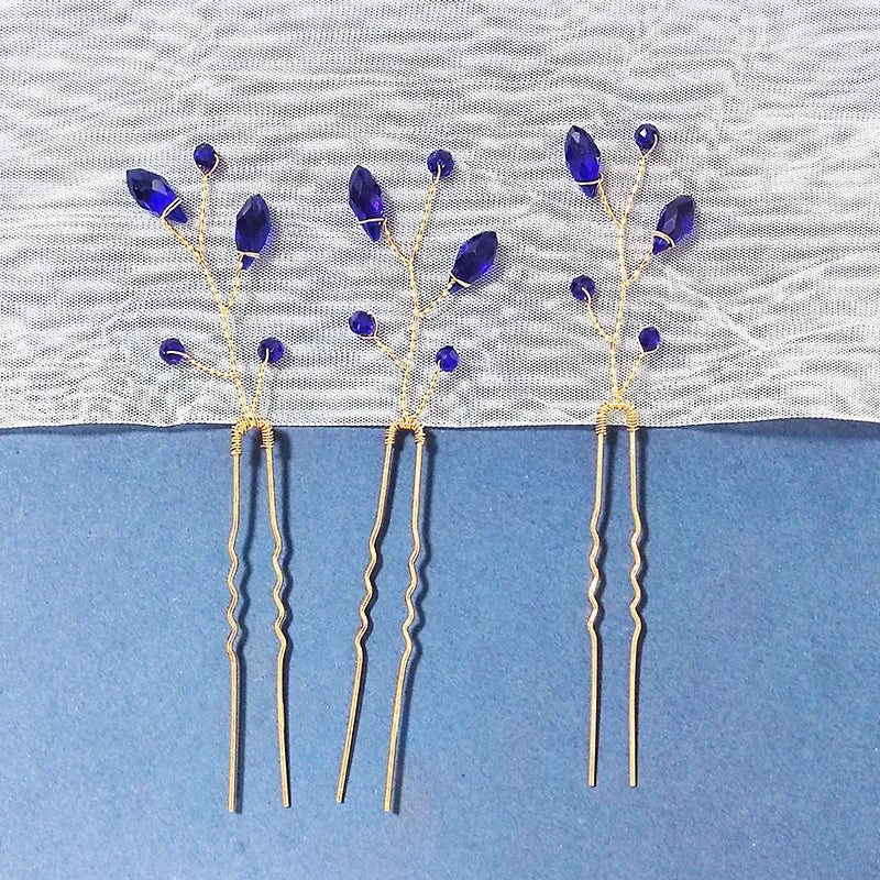 3PCS Women Blue Color Flower Hairpin Stick Wedding Bridal Crystal Pearl Hairpin U Shaped Hair Clip Barrettes Hair Accessories
