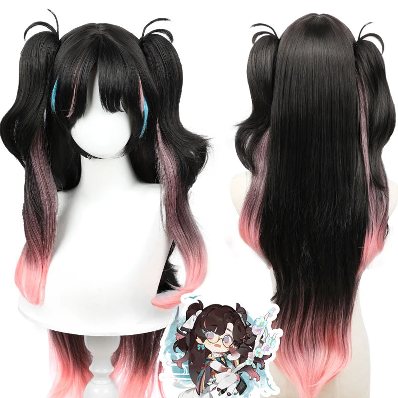 Wuthering Waves Zhezhi Cosplay Wig Black Pink Double Ponytail Long Hair 80cm Women Glasses Earrings Accessories Halloween Party